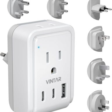 Universal Travel Adapter Kit, VINTAR International Plug Adapter with 3 USB Ports(2 USB C, 3.4A) and 2 American Outlets, Type A,C,G,D,I,M Detachable Attachments, Adapter for US/EU/UK/India/AUS/Africa