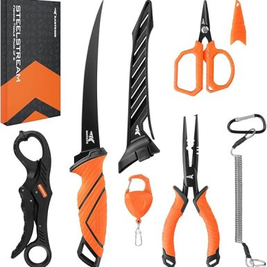 KastKing SteelStream 6pc Fishing Tool Kit - Corrosion Resistant Fishing Pliers with Lanyard, Fillet Knife, Floating Fish Lip Gripper, Fishing Braid Scissors, Tool Retractor, Fishing Gifts for Men
