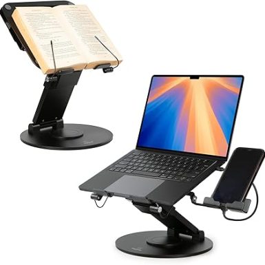 3-in-1 Adjustable Laptop Stand, Book Stand, & Phone Holder - Luxury 360° Rotating Display for All Laptops - 2–21" Height for Ergonomics - Office Desk Accessories - Patented - Sky Black